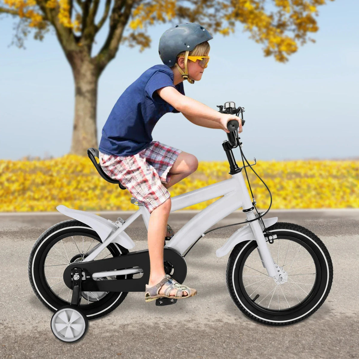 Barncykel 14 Tum Vit med Stödhjul - Säker Barncykel för Barn 3-6 År